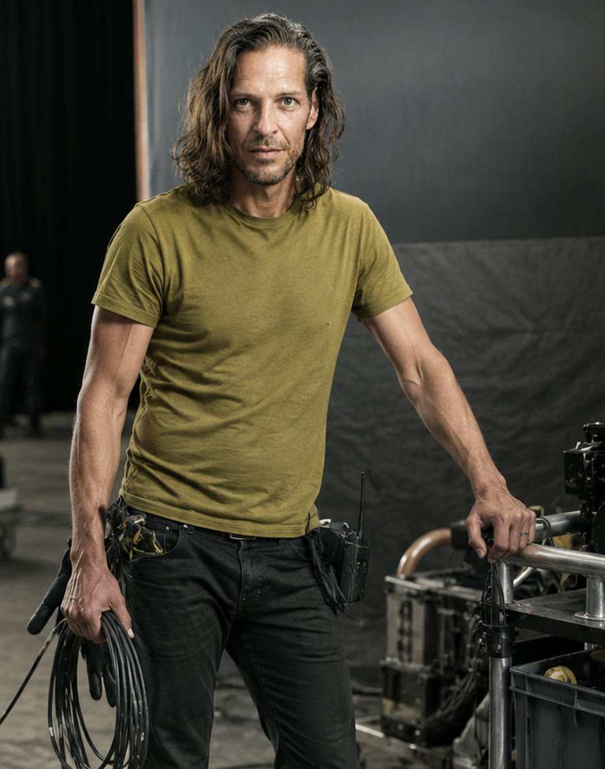 Philipp Gruy am Filmset, ein Kabel in der Hand, neben einem Kamerawagen